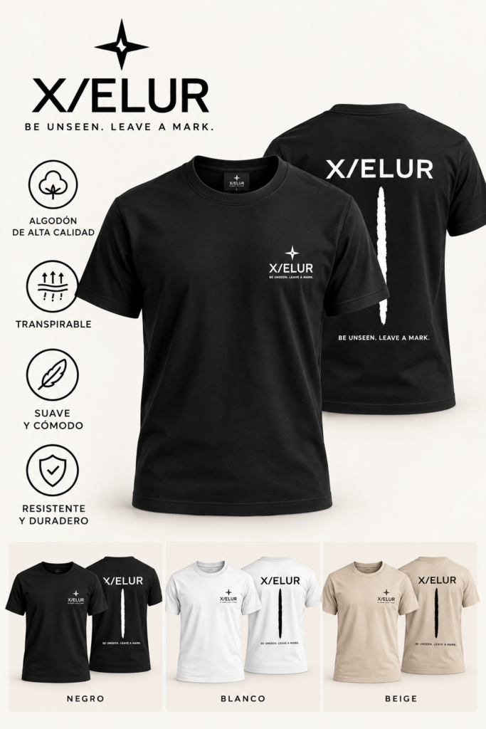 Camiseta X/ELUR Línea en negro, blanco y beige, delante y espalda