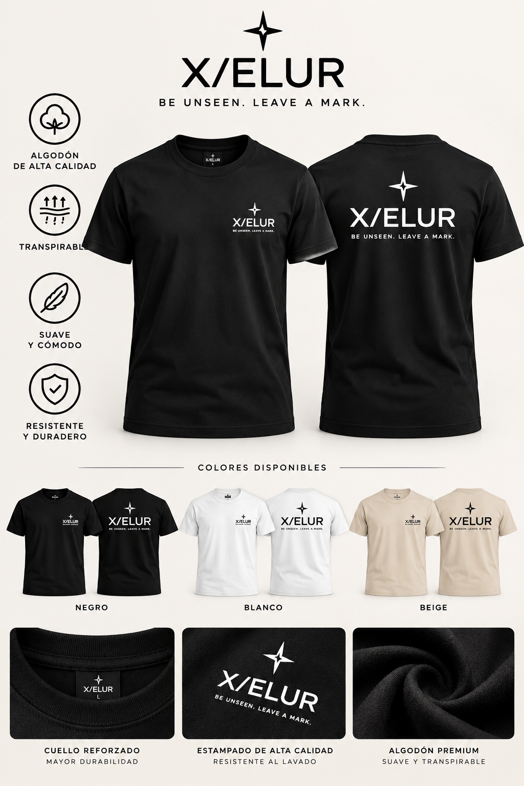 Camiseta X/ELUR Signature en negro, blanco y beige, delante y espalda