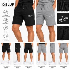 Pantalón corto X/ELUR negro y gris – vista frontal, lateral y trasera