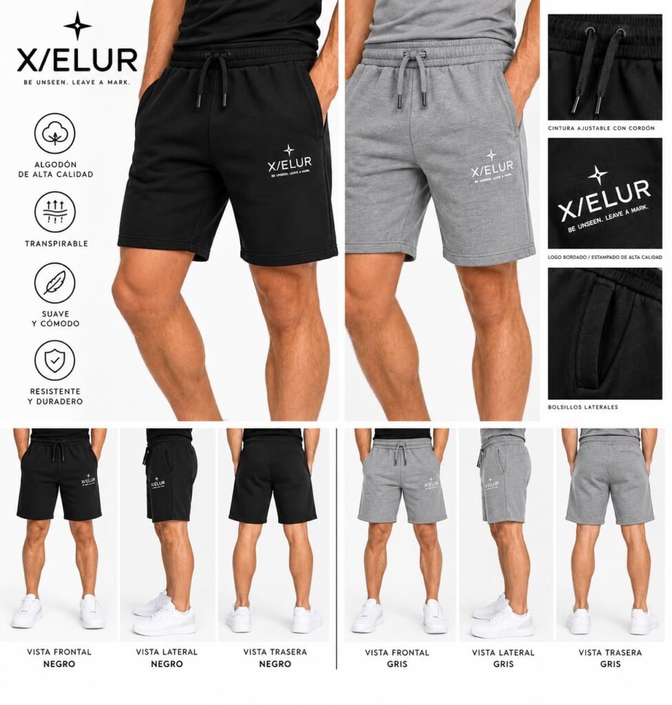 Pantalón corto X/ELUR negro y gris – vista frontal, lateral y trasera