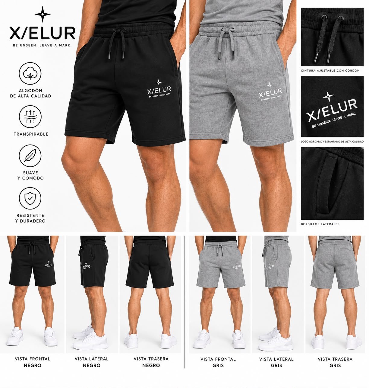Pantalón corto X/ELUR negro y gris – vista frontal, lateral y trasera